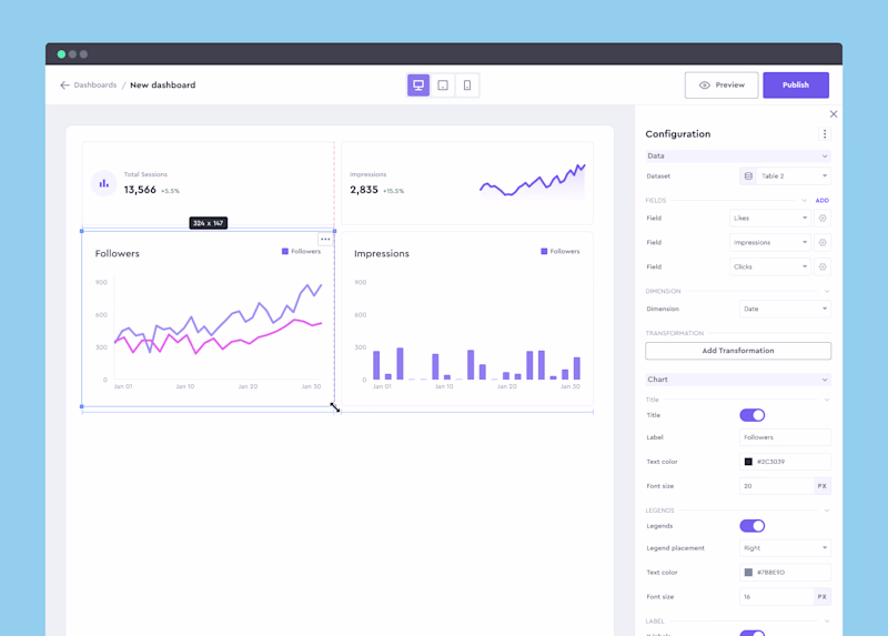 Resizing the component in the dashboard and showing the alignment guidance line 